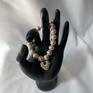 Faux Pearl Silver Tone Rhinestone Stretch Bracelet